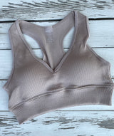Taupe Seamless Ribbed OS Sports Bralette with Racerback & Removable Padding