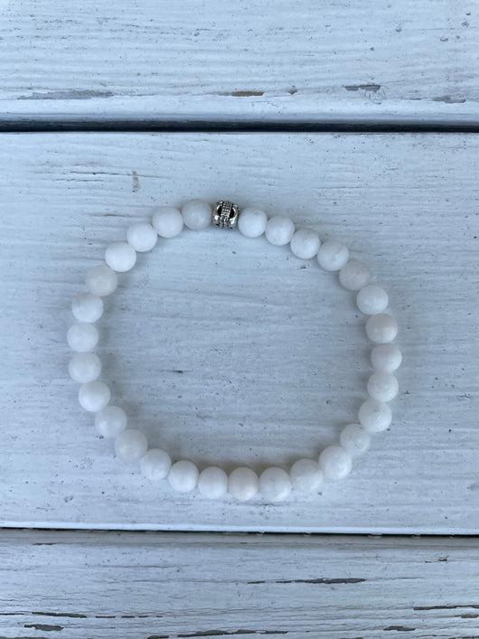 Handmade Beaded Bracelet - White Glass Beads w/Silver Bead