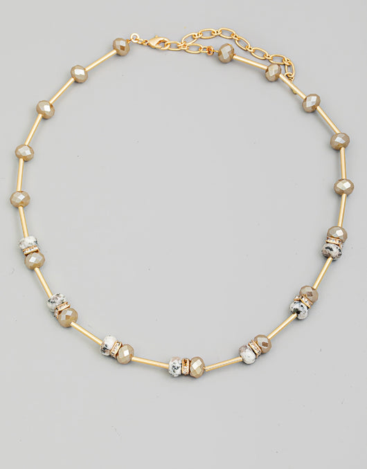 Grey & Gold Tube and Glass Beads Necklace 16” w/2” ext.