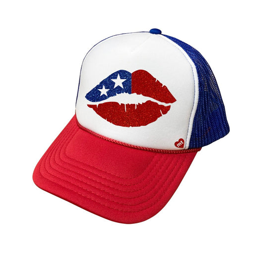 RWB Lips American Flag Sparkle Trucker Hat w/Adjustable Snap Closure by Mother Trucker & co.