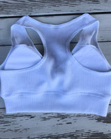White Seamless Ribbed OS Sports Bralette with Racerback & Removable Padding