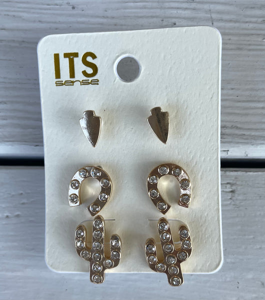 Western Gold Post Earring Set with Arrow, Horseshoe and Cactus