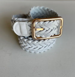White Braided Weave Belt w/Gold Rectangle Buckle