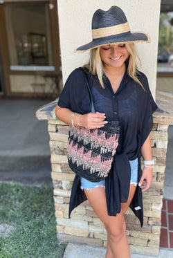 Lido Luxe Black OS Long Button Down Cover-Up Top