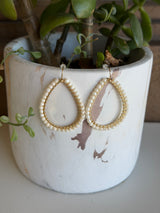 White Seed Bead & Gold Teardrop Dangle Earrings