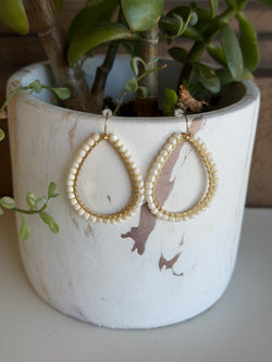 White Seed Bead & Gold Teardrop Dangle Earrings