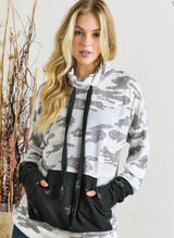 Ivory Camo Cowl Neck Drawstring Hoodie w/Front Star Print Pocket