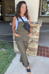 Olive Green Pant Overall w/Front Pocket, Side Pockets & Button Side Closure