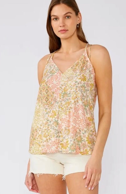 Dusty Peach & Sage Green Flower Print Tank Top w/Ties by Lovestitch