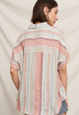 Catalina Blue, Red & Ivory Stripe Short Sleeve Button Down Collared Top