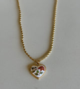 Twisted Gold Rope Chain w/Butterfly & Flower on Heart Pendant Necklace