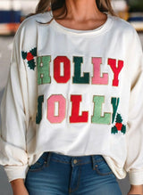 Holly Jolly Puff Letters on White Sweater Top