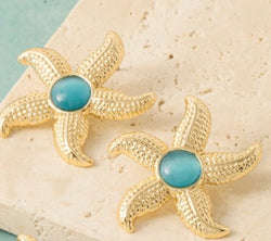 Gold Starfish & Aqua Stone Post Earrings
