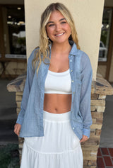 Light Denim Blue Sheer Long Sleeve Button Down Top