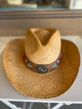 Natural Raffia Cowgirl Hat w/Red & Teal Embroidery Band by CC Brand - Size S/M