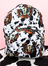 Country Girl Cow Print Small Backpack w/Black Adjustable Straps & Front Zipper Pocket