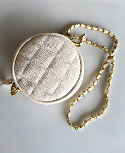 Cream Quilted Small Round Purse w/Gold Chain & Cream Leather Strap