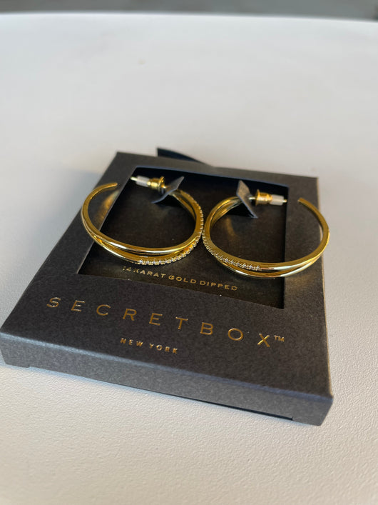 Secret Box 14K Gold Dipped CZ X Open Hoop Earrings