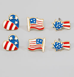 Old Glory, Heart & Star Set of 3 Flag & Gold Dipped Earrings