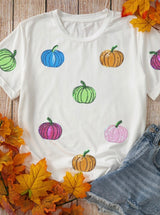 Pumpkin Patch White Cuff Tee w/Sequins Colorful Pumpkins