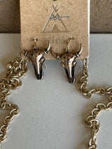 Betsy Chunky White & Coral Bullhead Pendant on Gold Long Chain Link Necklace w/Bullhead Earring Set