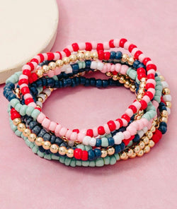 Pink, Blue & Gold Set of 10 Stretch Beaded Bracelets