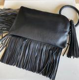 Black Clutch Bag w/Braided Bracelet Wristlet, Tassel & Fringe
