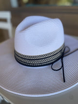 White Boho Black Band Straw Sun Hat w/Adjustable Fit CC Brand