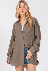 Mocha Oversized Button Down Long Sleeve Top