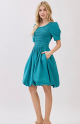 Indy Teal Smocked Bodice Puff Hemline Dress w/Pockets