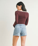 Light Denim Mid Rise Comfort Stretch Cut Off Shorts by Just USA