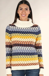 Retro Mustard & Blue Chevron Stripe Turtleneck Sweater