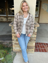 Mushroom Plaid Soft Button Down Flannel Top