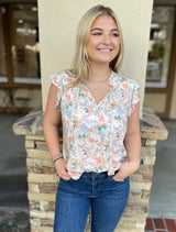 Natural & Coral Paisley Print Flutter Sleeve V-Neck Blouse by Lovestitch