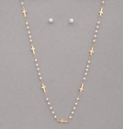 Faith Pearl & Gold Sideways Crosses Necklace and Earring Set