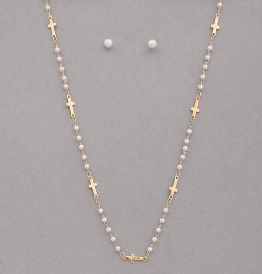 Faith Pearl & Gold Sideways Crosses Necklace and Earring Set