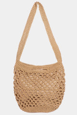 Tan Crochet Mesh Hobo Tote Bag w/Snap Button Closure