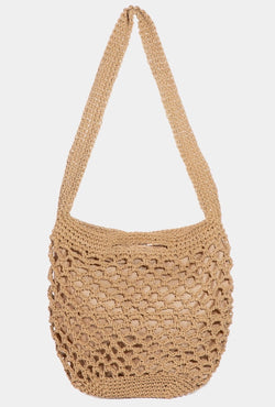 Tan Crochet Mesh Hobo Tote Bag w/Snap Button Closure