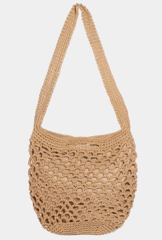 Tan Crochet Mesh Hobo Tote Bag w/Snap Button Closure