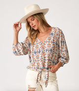 Boho Off White & Rust 3/4 Sleeve V-Neck Front Tie Top