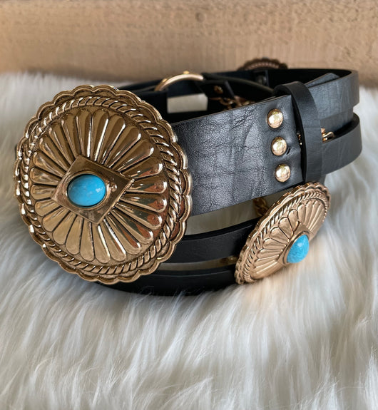 Black & Gold Chain W/Turquoise Concho Slide Belt