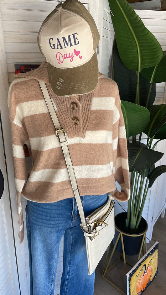 Sugar & Spice Cozy Stripe Pullover Sweater w/Button Neckline