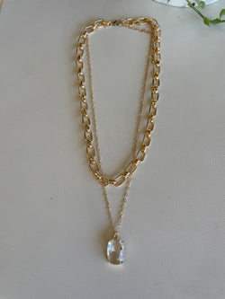 Gold Chain Link & Dainty Chain w/Clear Rectangle Stone Layered Necklace