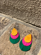 Camel, Berry & Emerald Genuine Leather Layered Teardrop Earrings