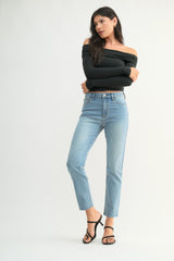 Light Blue Denim Straight Leg Jeans w/Ankle Scissor Cut Hem by Just USA Jeans
