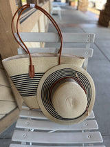 Beach Bella Natural & Black Stripe Tote Bag w/Matching SunHat Set