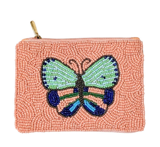 Pink Seed Beaded Butterfly Zipper Pouch