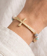 Pastels Glass Bead w/Hammered Gold Cross Stretch Bracelet
