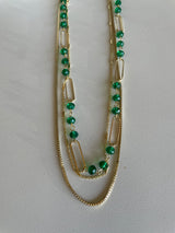 Gold Chain Link & Emerald Green Beads Layered Necklace