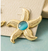 Gold Starfish & Aqua Stone Post Earrings